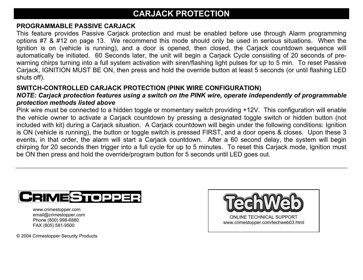 Programmable passive carjack, Carjack protection | Crimestopper Security Products CS-2004DC User Manual | Page 24 / 24