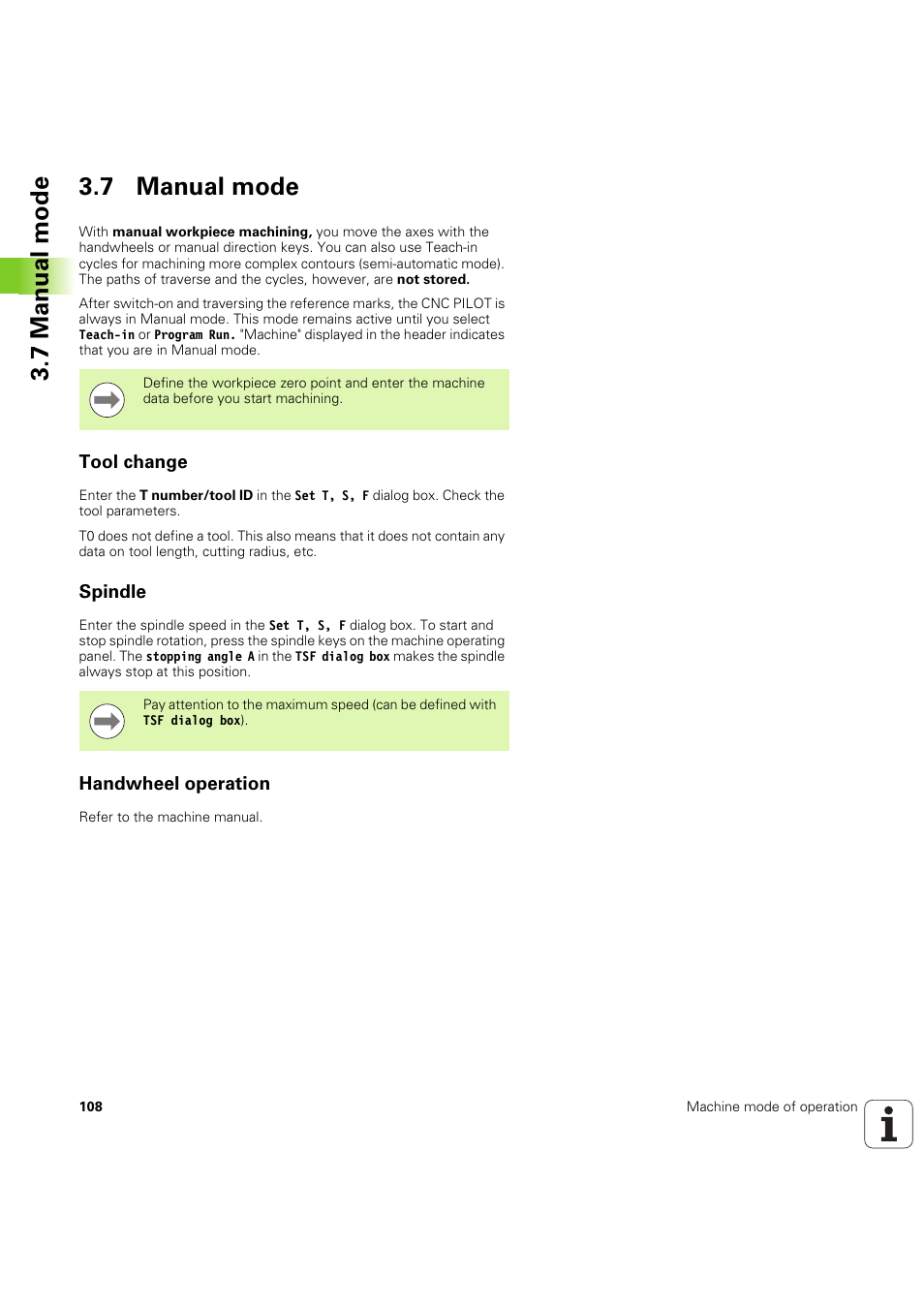 7 manual mode, Tool change, Spindle | Handwheel operation, 7 manual mode 3.7 manual mode | HEIDENHAIN SW 68894x-03 User Manual | Page 108 / 654