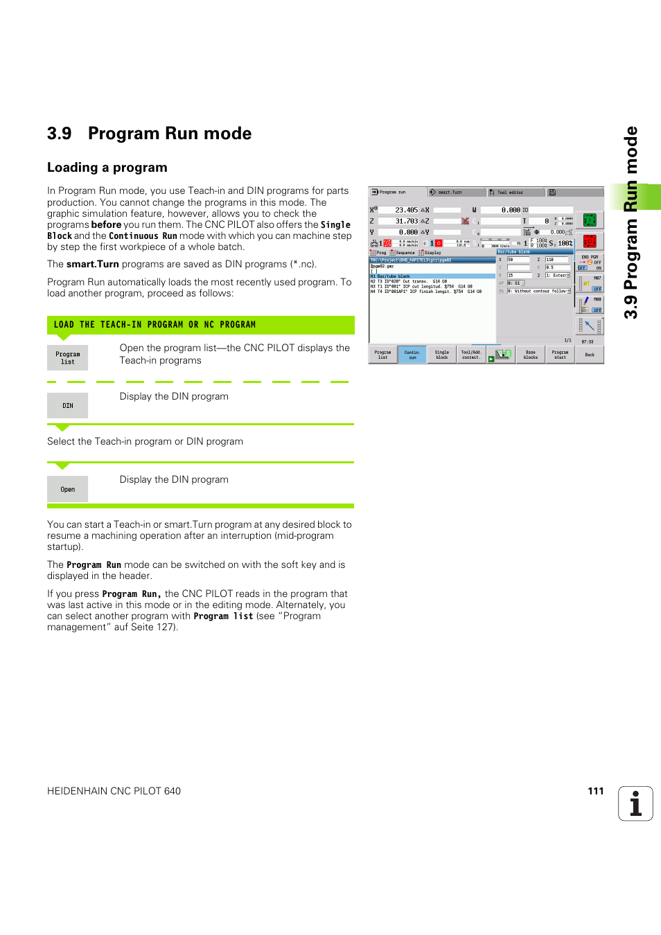 9 program run mode, Loading a program, 9 pr ogr am run mode 3.9 program run mode | HEIDENHAIN SW 68894x-03 User Manual | Page 111 / 654