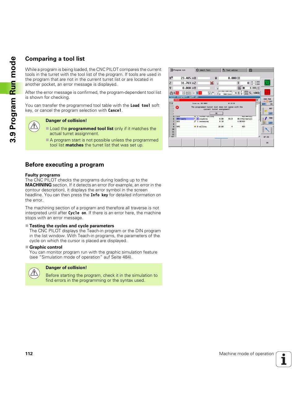 Comparing a tool list, Before executing a program, 9 pr ogr am run mode | HEIDENHAIN SW 68894x-03 User Manual | Page 112 / 654