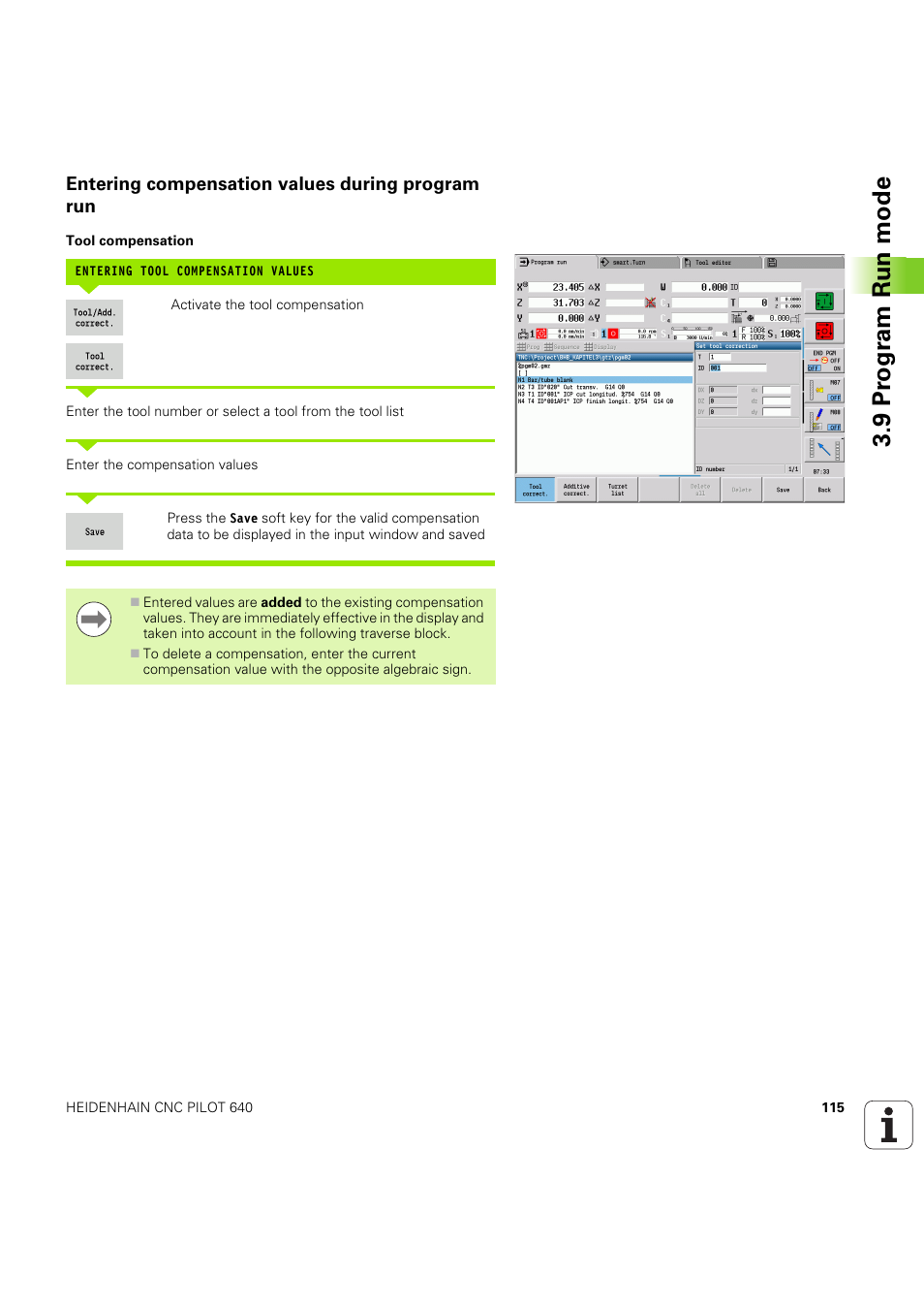 Entering compensation values during program run, 9 pr ogr am run mode | HEIDENHAIN SW 68894x-03 User Manual | Page 115 / 654