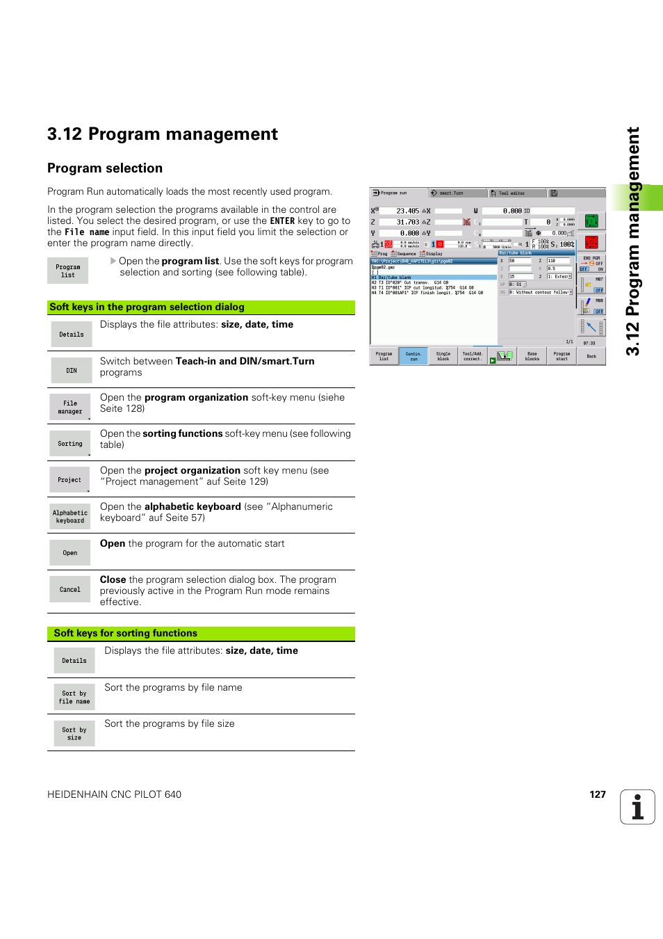 12 program management, Program selection | HEIDENHAIN SW 68894x-03 User Manual | Page 127 / 654