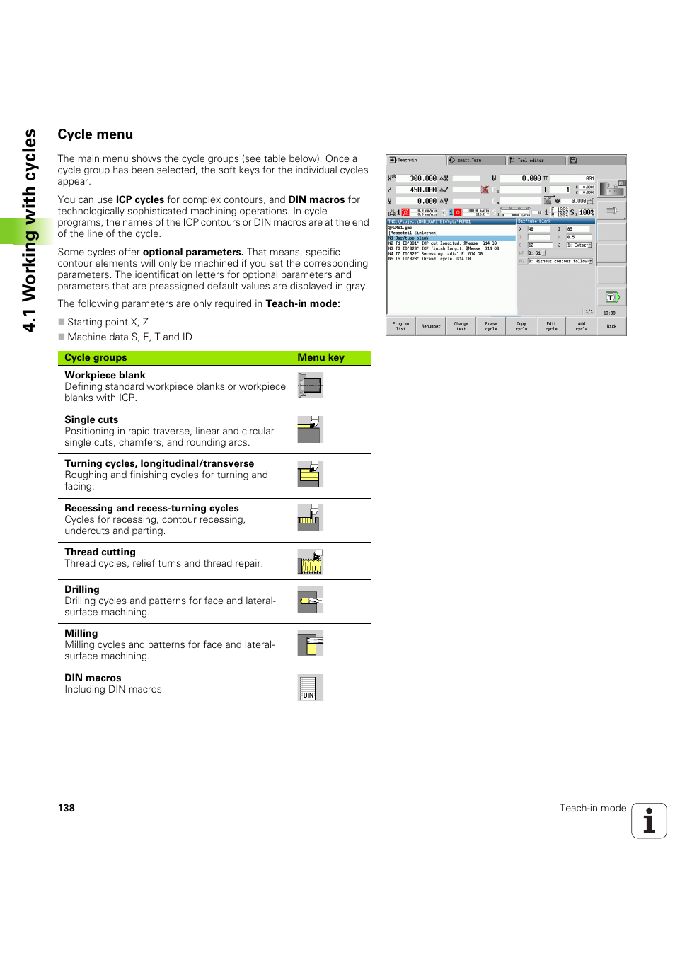 Cycle menu, 1 w o rk ing with cy cles | HEIDENHAIN SW 68894x-03 User Manual | Page 138 / 654