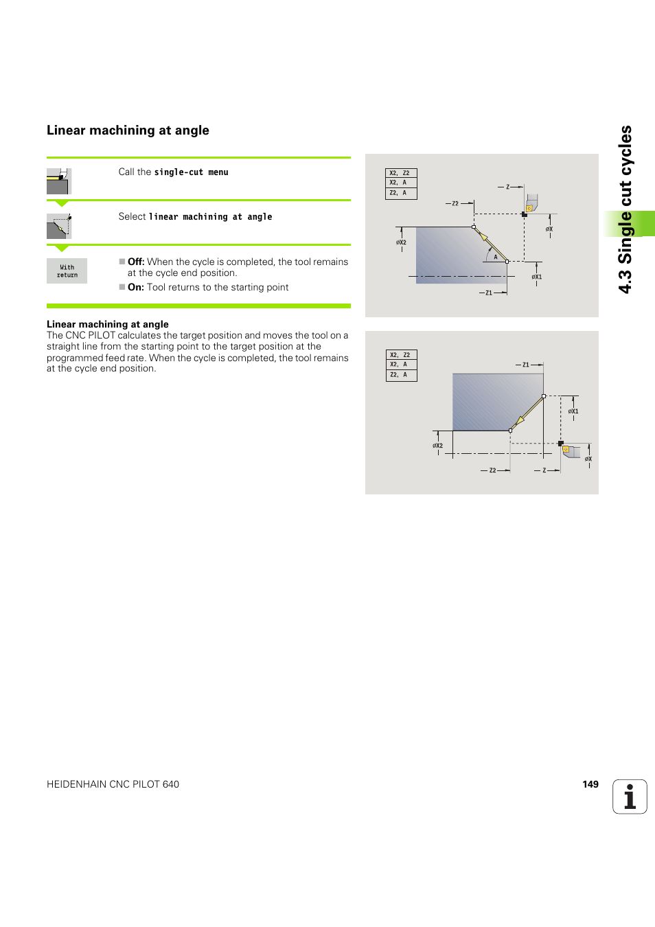 Linear machining at angle, 3 single cut cy cles | HEIDENHAIN SW 68894x-03 User Manual | Page 149 / 654