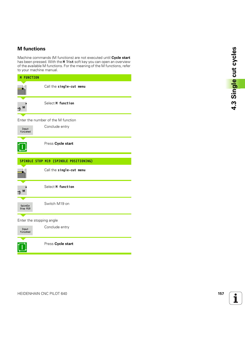 M functions, 3 single cut cy cles | HEIDENHAIN SW 68894x-03 User Manual | Page 157 / 654
