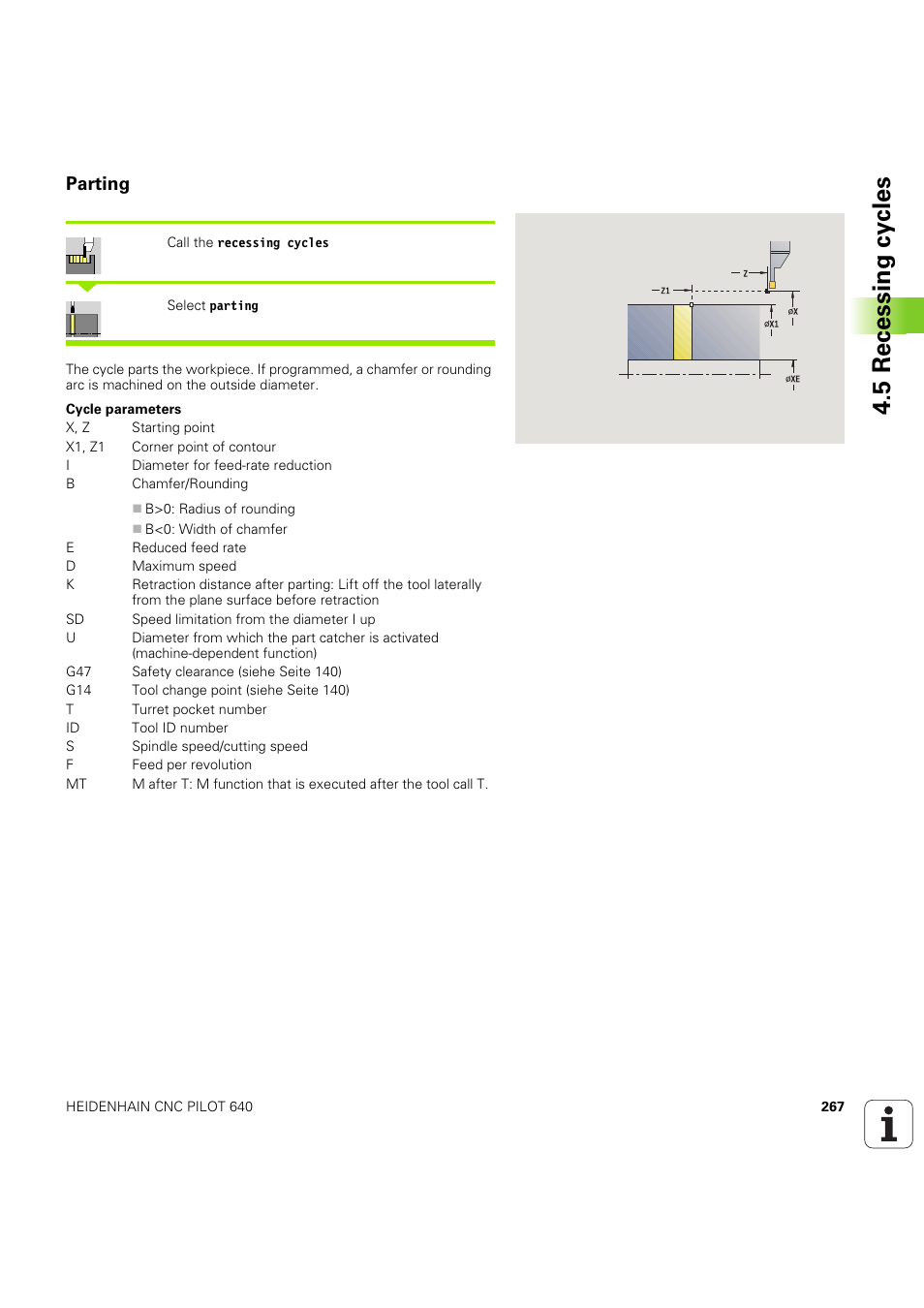 Parting, Siehe auch „parting” auf seite 267), 5 recessing cy cles | HEIDENHAIN SW 68894x-03 User Manual | Page 267 / 654
