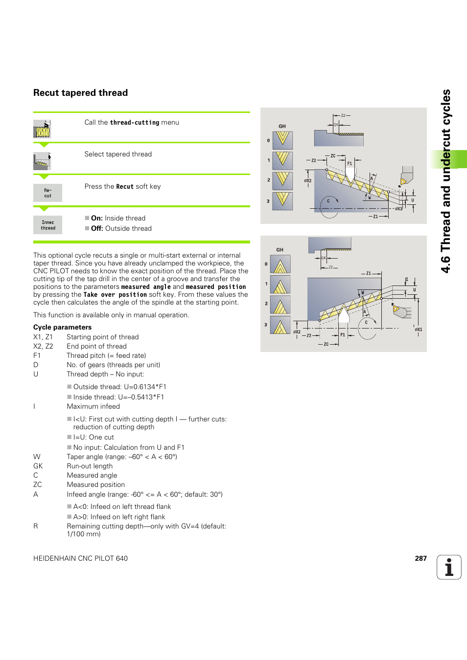 Recut tapered thread, 6 thr ead and under c ut cy cles | HEIDENHAIN SW 68894x-03 User Manual | Page 287 / 654