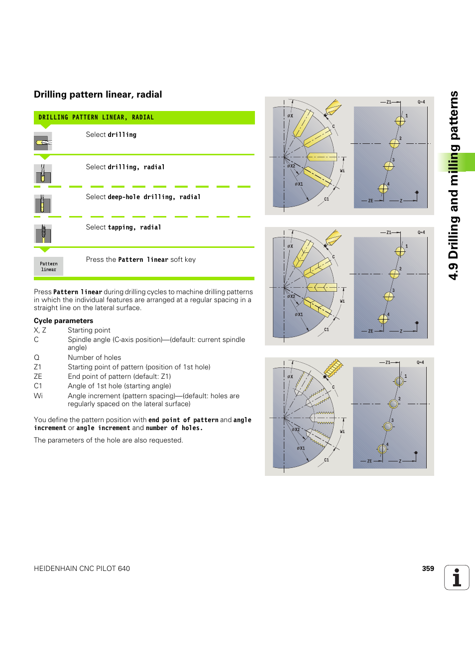 Drilling pattern linear, radial, 9 dr illing and milling pat ter ns | HEIDENHAIN SW 68894x-03 User Manual | Page 359 / 654