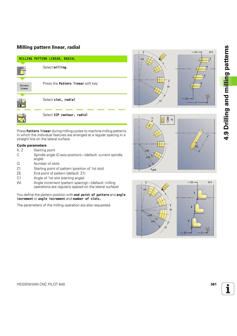 Milling pattern linear, radial, 9 dr illing and milling pat ter ns | HEIDENHAIN SW 68894x-03 User Manual | Page 361 / 654