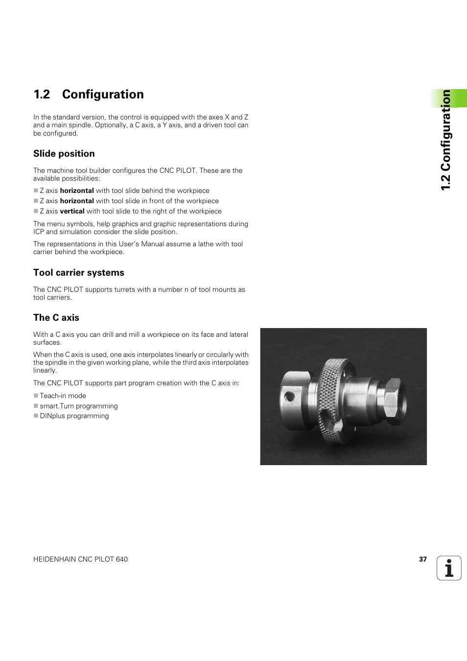 2 configuration, Slide position, Tool carrier systems | The c axis, 2 configur ation 1.2 configuration | HEIDENHAIN SW 68894x-03 User Manual | Page 37 / 654