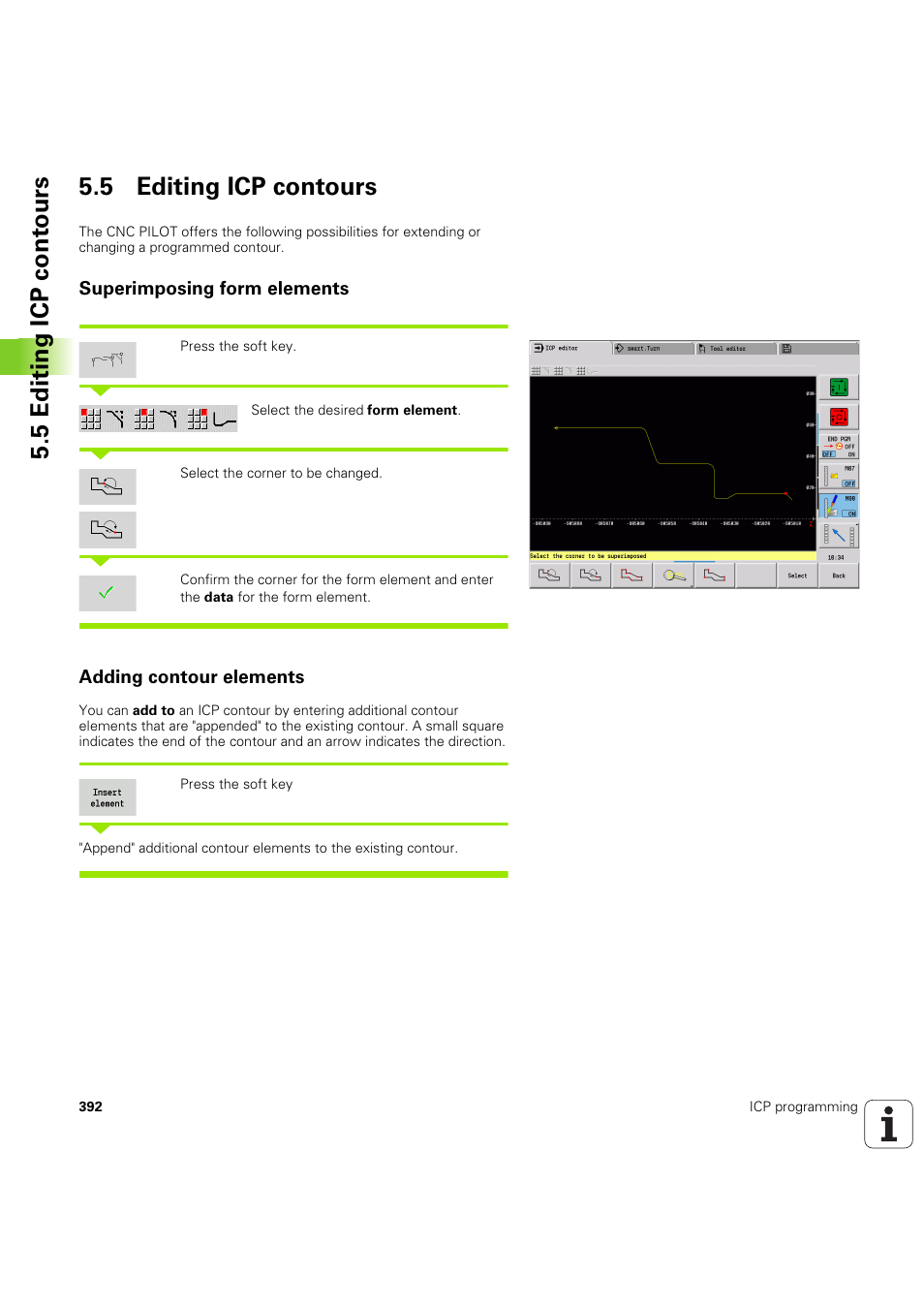 5 editing icp contours, Superimposing form elements, Adding contour elements | 5 editing icp cont ours 5.5 editing icp contours | HEIDENHAIN SW 68894x-03 User Manual | Page 392 / 654