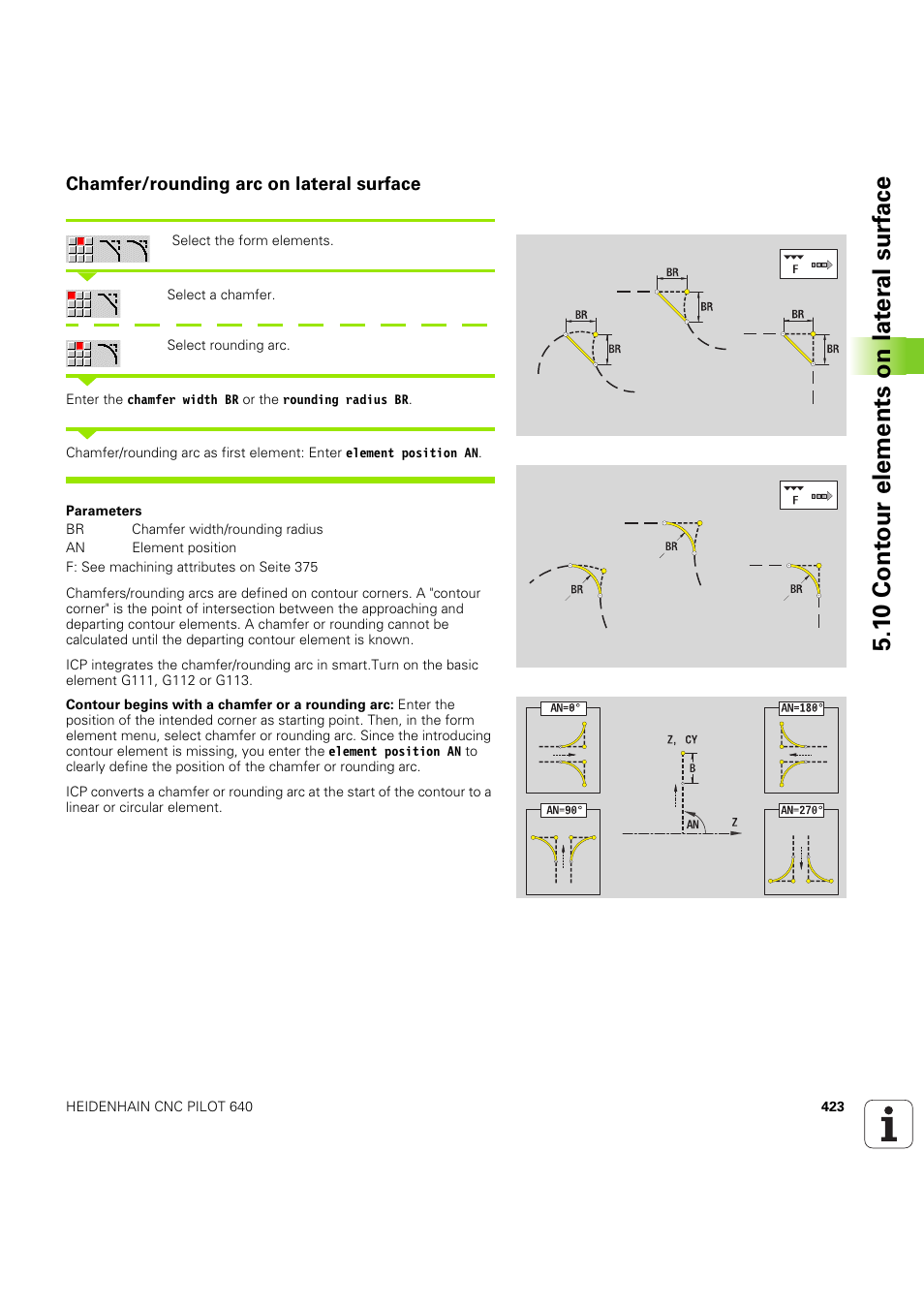 Chamfer/rounding arc on lateral surface, 1 0 cont our elements on lat e ra l surf ace | HEIDENHAIN SW 68894x-03 User Manual | Page 423 / 654