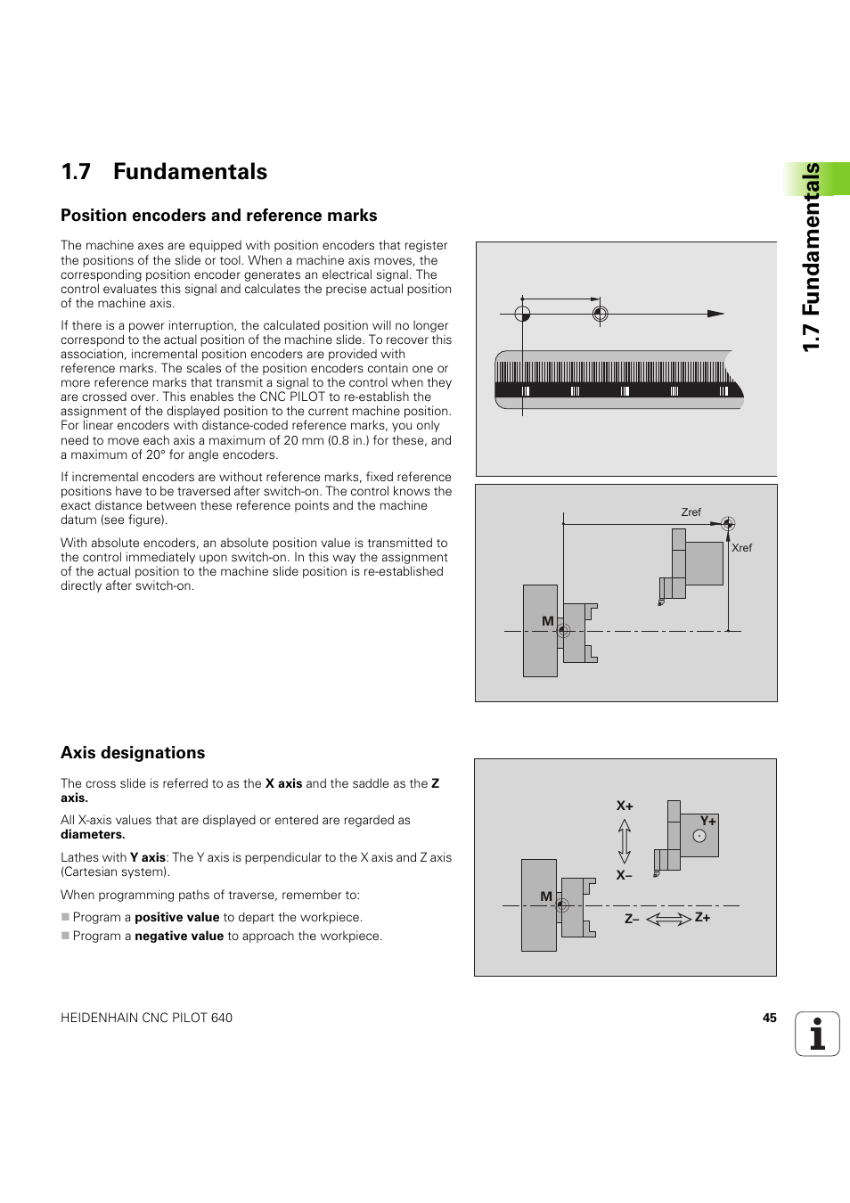 7 fundamentals, Position encoders and reference marks, Axis designations | 7 f undamentals 1.7 fundamentals | HEIDENHAIN SW 68894x-03 User Manual | Page 45 / 654