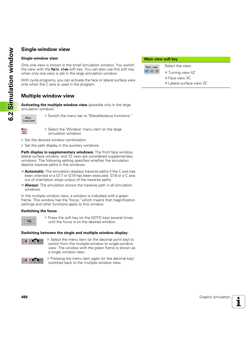 Single-window view, Multiple window view, Dow (siehe „multiple window view” auf seite 488) | Siehe „multiple window view” auf seite 488), 2 simulation windo w | HEIDENHAIN SW 68894x-03 User Manual | Page 488 / 654