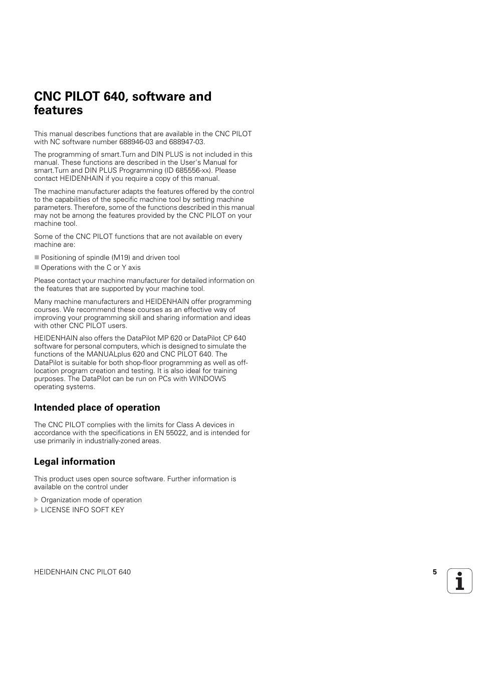 Cnc pilot 640, software and features, Intended place of operation, Legal information | HEIDENHAIN SW 68894x-03 User Manual | Page 5 / 654