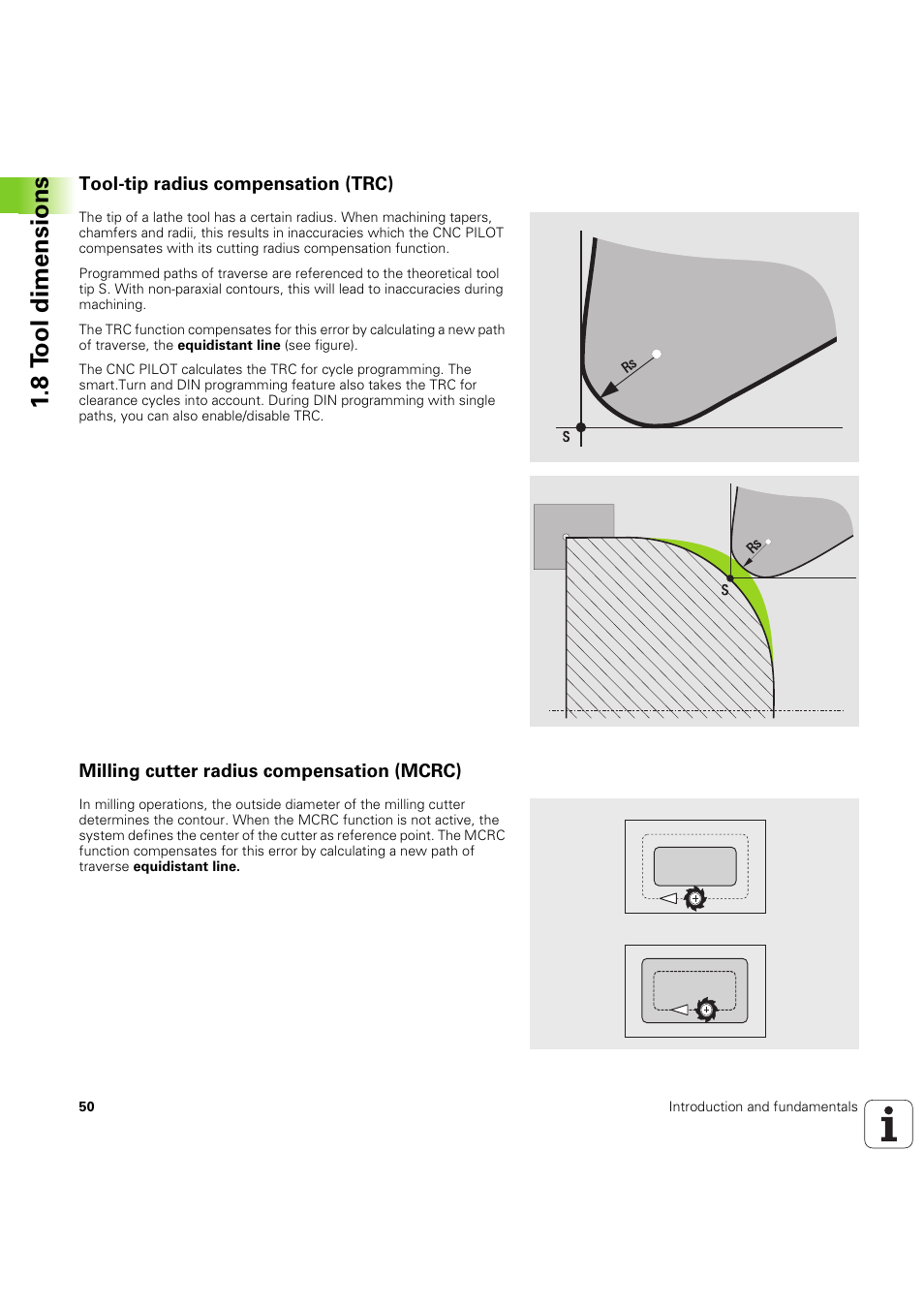 Tool-tip radius compensation (trc), Milling cutter radius compensation (mcrc), 8 t ool dimensions | HEIDENHAIN SW 68894x-03 User Manual | Page 50 / 654