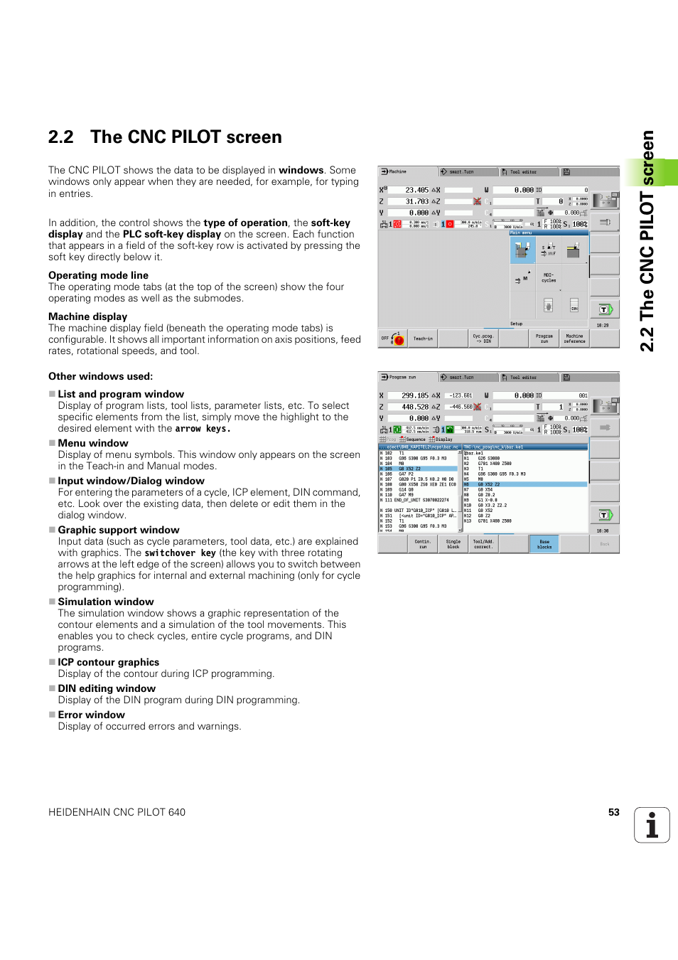 2 the cnc pilot screen, 2 the cnc pil o t scr een 2.2 the cnc pilot screen | HEIDENHAIN SW 68894x-03 User Manual | Page 53 / 654
