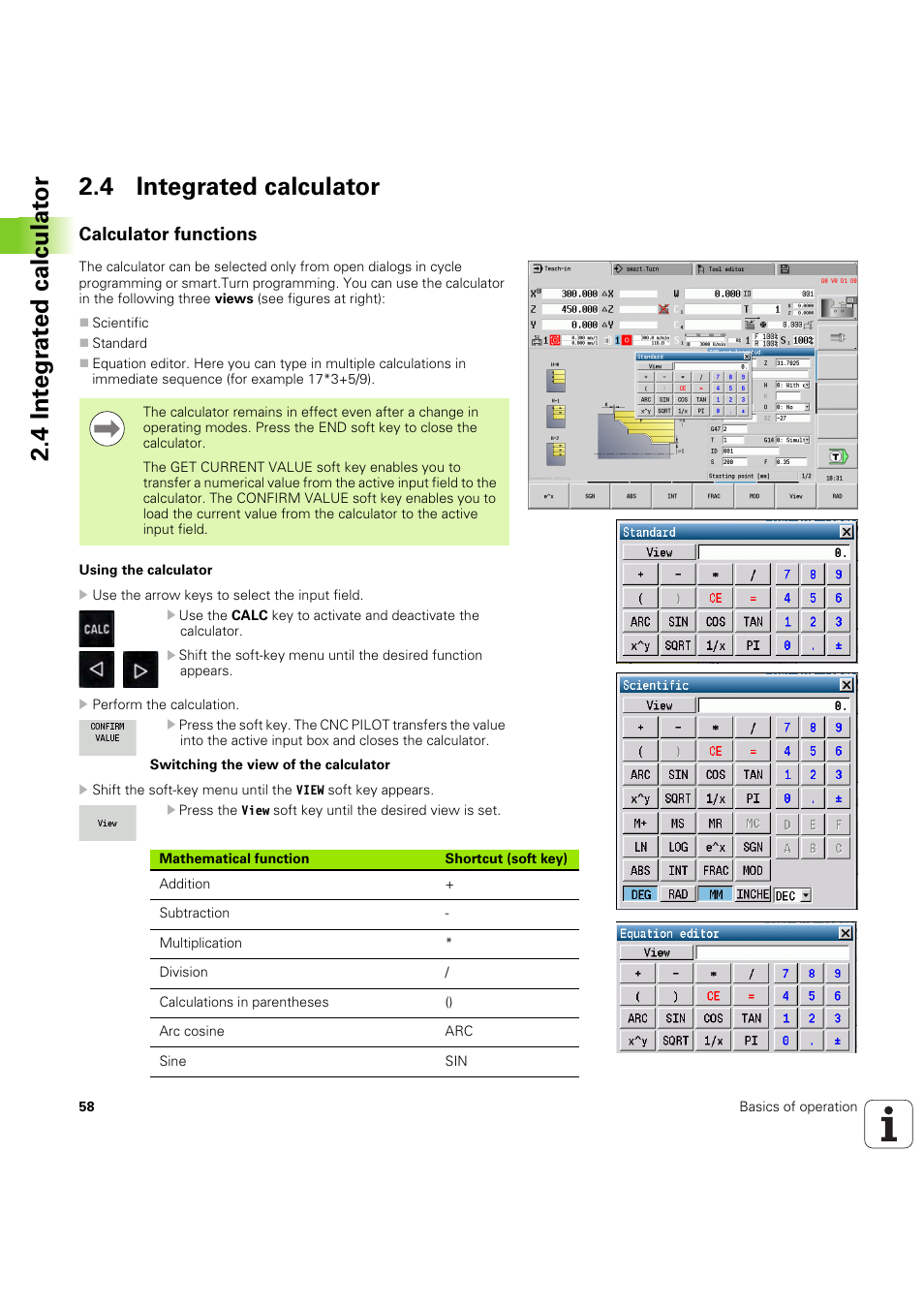4 integrated calculator, Calculator functions, Siehe auch „integrated calculator” auf seite 58) | HEIDENHAIN SW 68894x-03 User Manual | Page 58 / 654