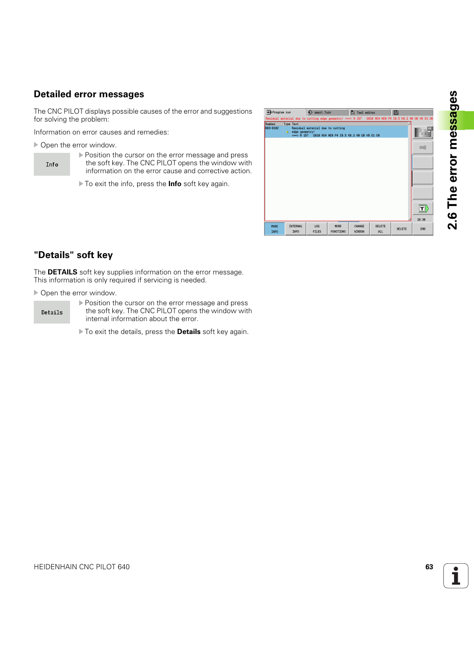 Detailed error messages, Details" soft key, 6 the er ro r messag es | HEIDENHAIN SW 68894x-03 User Manual | Page 63 / 654