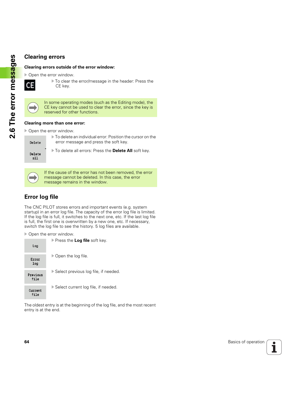 Clearing errors, Error log file, 6 the er ro r messag es | HEIDENHAIN SW 68894x-03 User Manual | Page 64 / 654