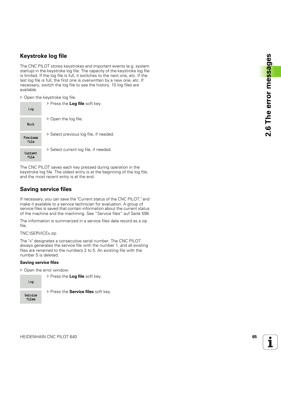 Keystroke log file, Saving service files, 6 the er ro r messag es | HEIDENHAIN SW 68894x-03 User Manual | Page 65 / 654