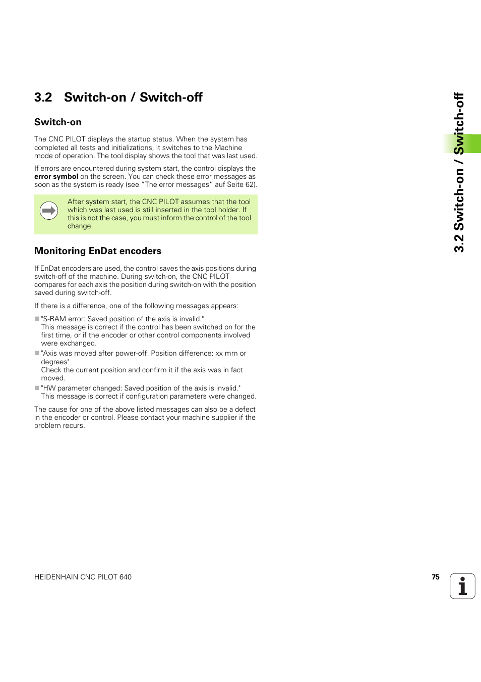 2 switch-on / switch-off, Switch-on, Monitoring endat encoders | HEIDENHAIN SW 68894x-03 User Manual | Page 75 / 654