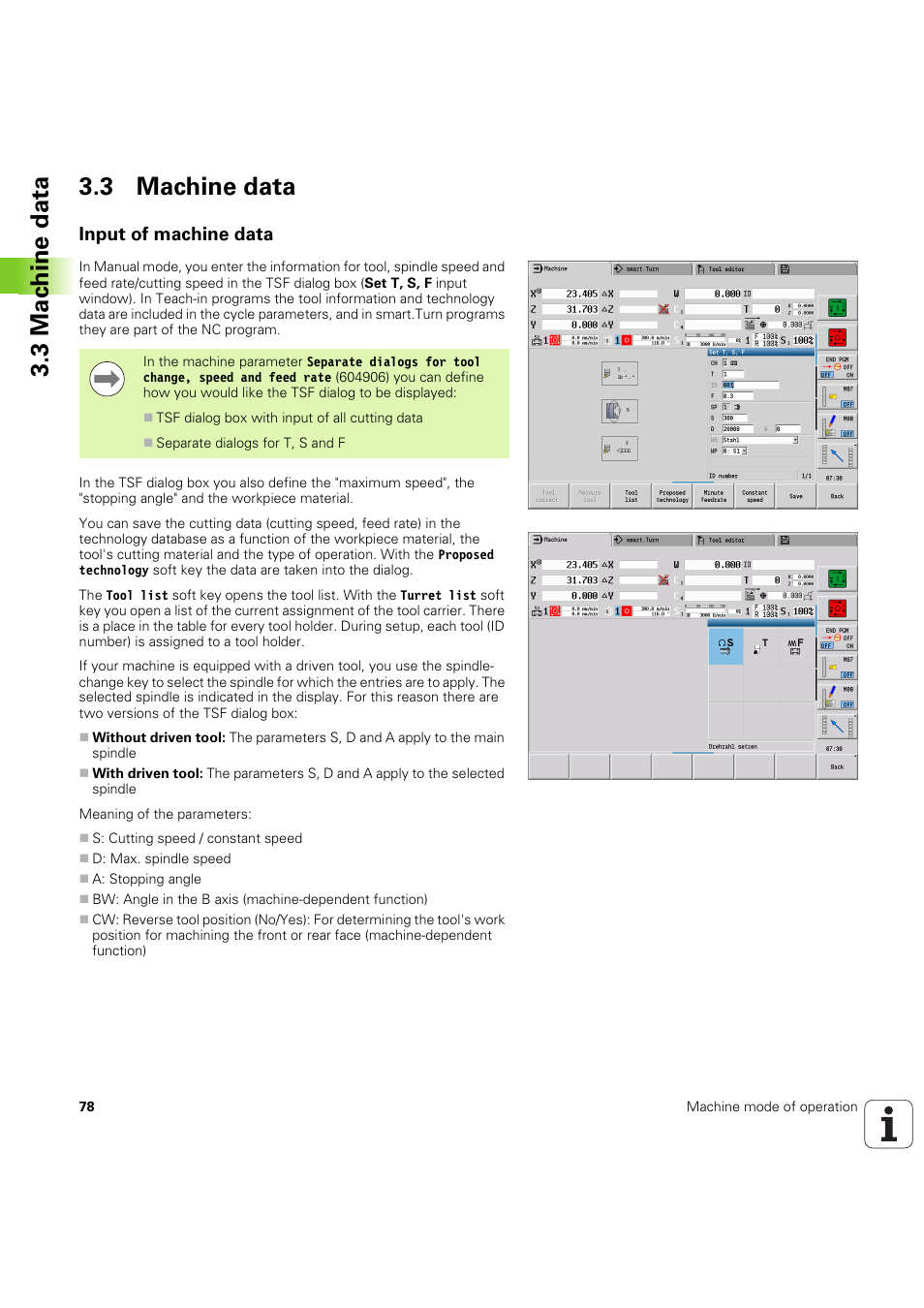 3 machine data, Input of machine data, 3 mac h ine data 3.3 machine data | HEIDENHAIN SW 68894x-03 User Manual | Page 78 / 654