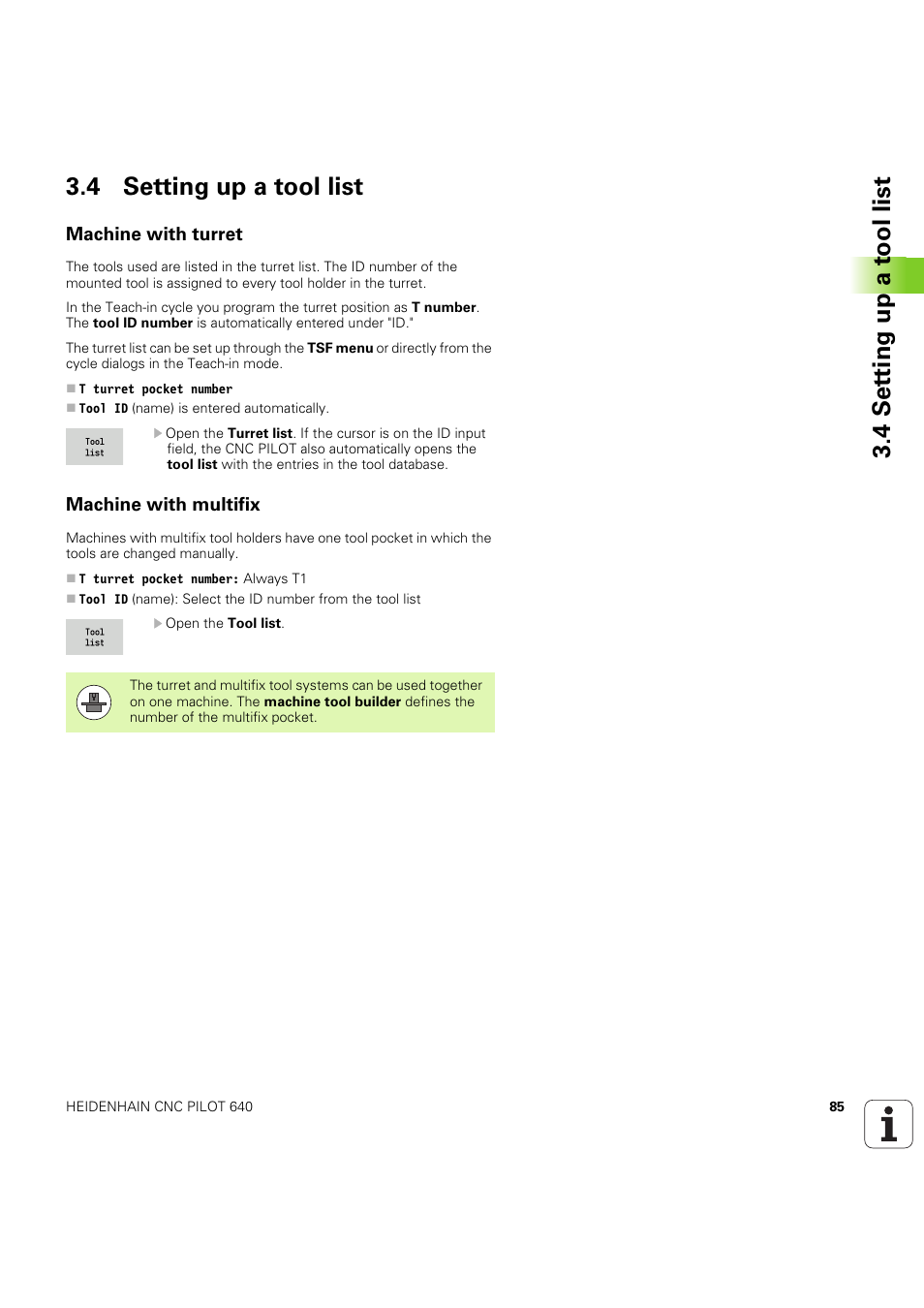 4 setting up a tool list, Machine with turret, Machine with multifix | HEIDENHAIN SW 68894x-03 User Manual | Page 85 / 654