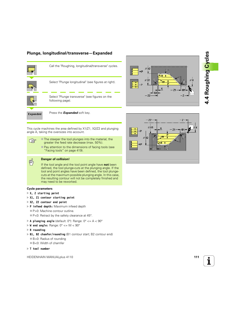 Plunge, longitudinal/transverse-expanded, Plunge, longitudinal/transverse—expanded, 4 roughing cy cles | HEIDENHAIN MANUALplus 4110 User Manual | Page 111 / 550