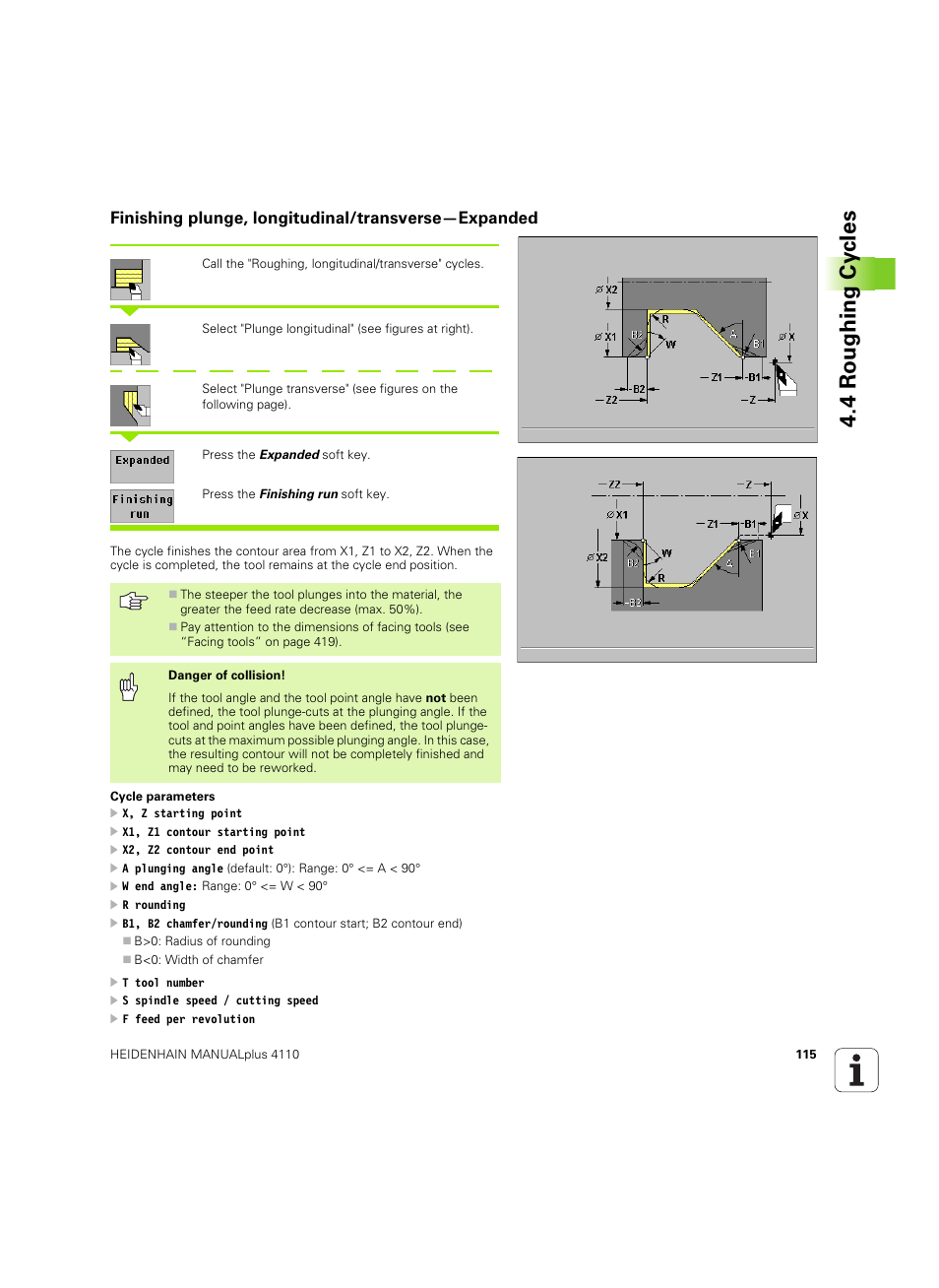 Finishing plunge, longitudinal/transverse-expanded, Finishing plunge, longitudinal/transverse—expanded, 4 roughing cy cles | HEIDENHAIN MANUALplus 4110 User Manual | Page 115 / 550