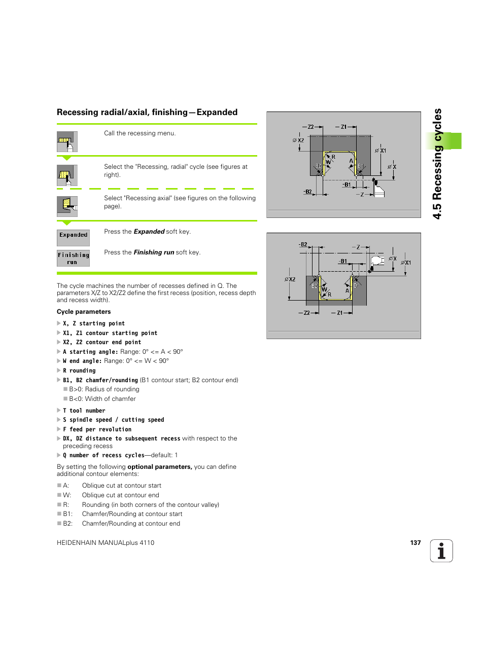 Recessing radial/axial, finishing-expanded, Recessing radial/axial, finishing—expanded, 5 recessing c y cles | HEIDENHAIN MANUALplus 4110 User Manual | Page 137 / 550