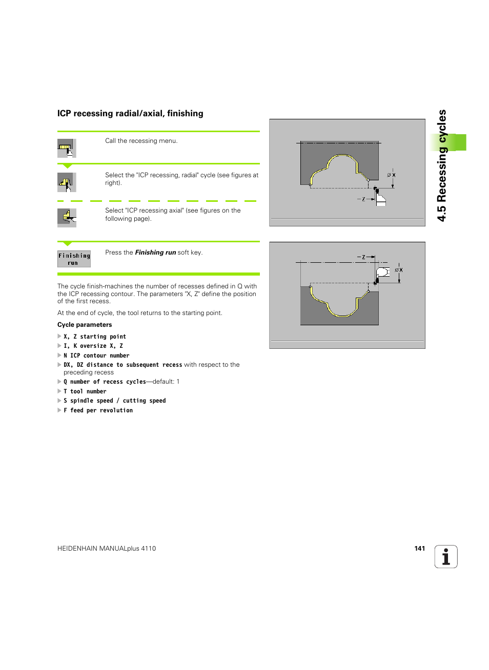Icp recessing radial/axial, finishing, 5 recessing c y cles | HEIDENHAIN MANUALplus 4110 User Manual | Page 141 / 550