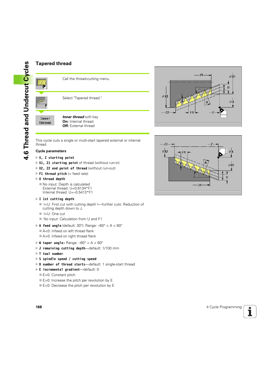 Tapered thread, 6 thr ead and under c ut cy cles | HEIDENHAIN MANUALplus 4110 User Manual | Page 168 / 550