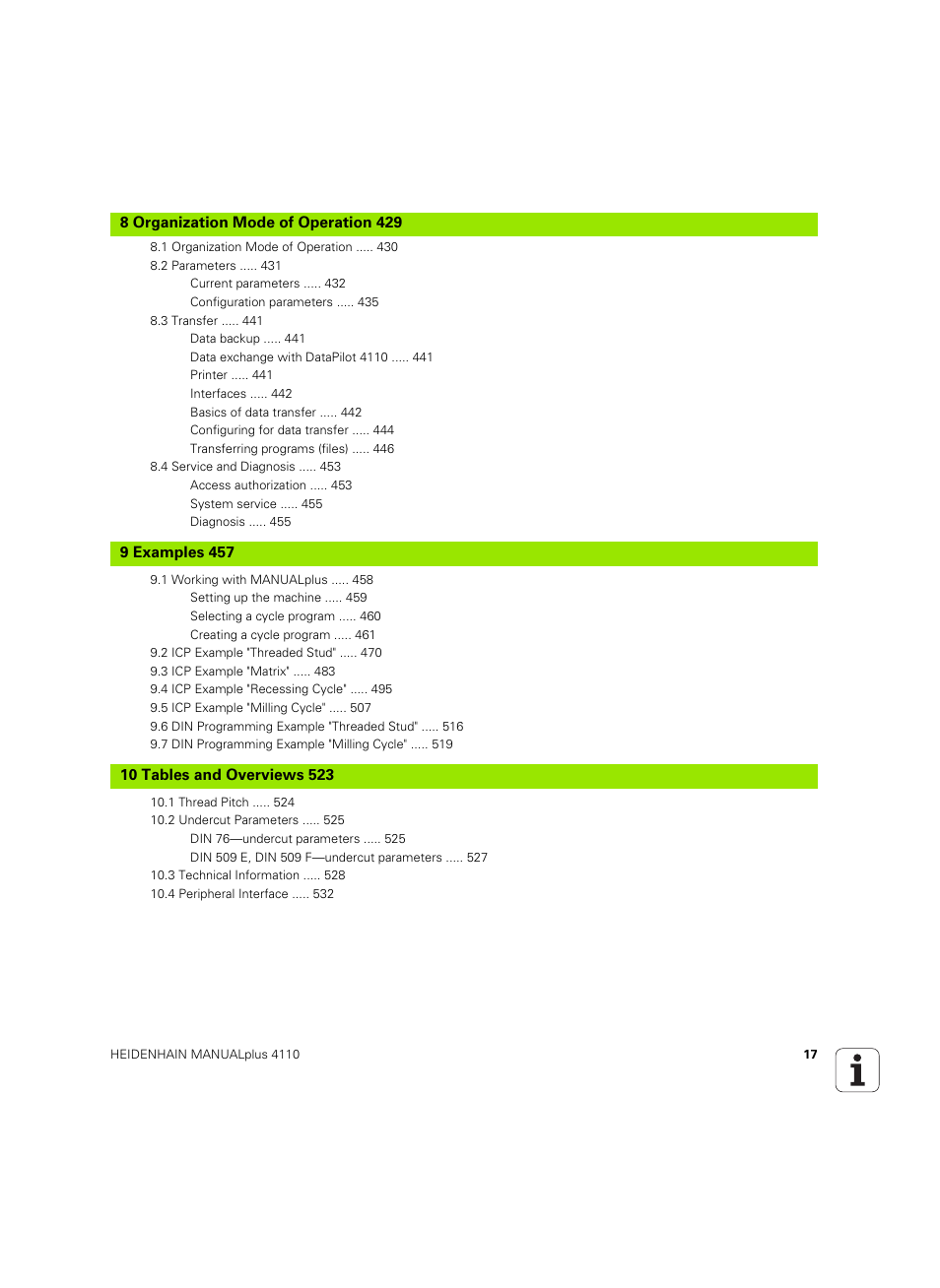 Organization mode of operation, Examples, Tables and overviews | HEIDENHAIN MANUALplus 4110 User Manual | Page 17 / 550