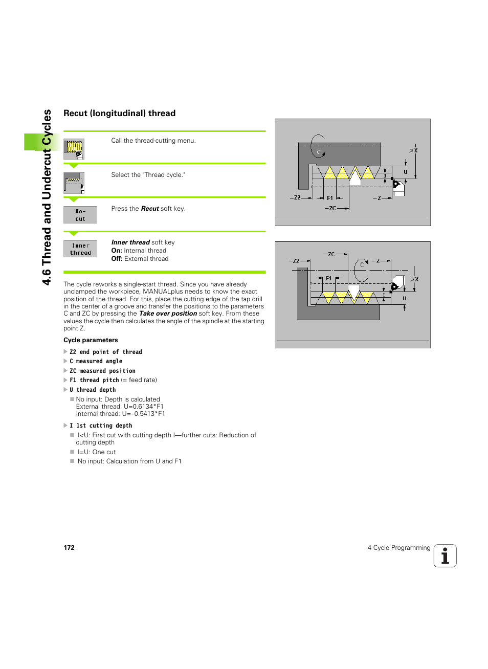 Recut (longitudinal) thread, 6 thr ead and under c ut cy cles | HEIDENHAIN MANUALplus 4110 User Manual | Page 172 / 550
