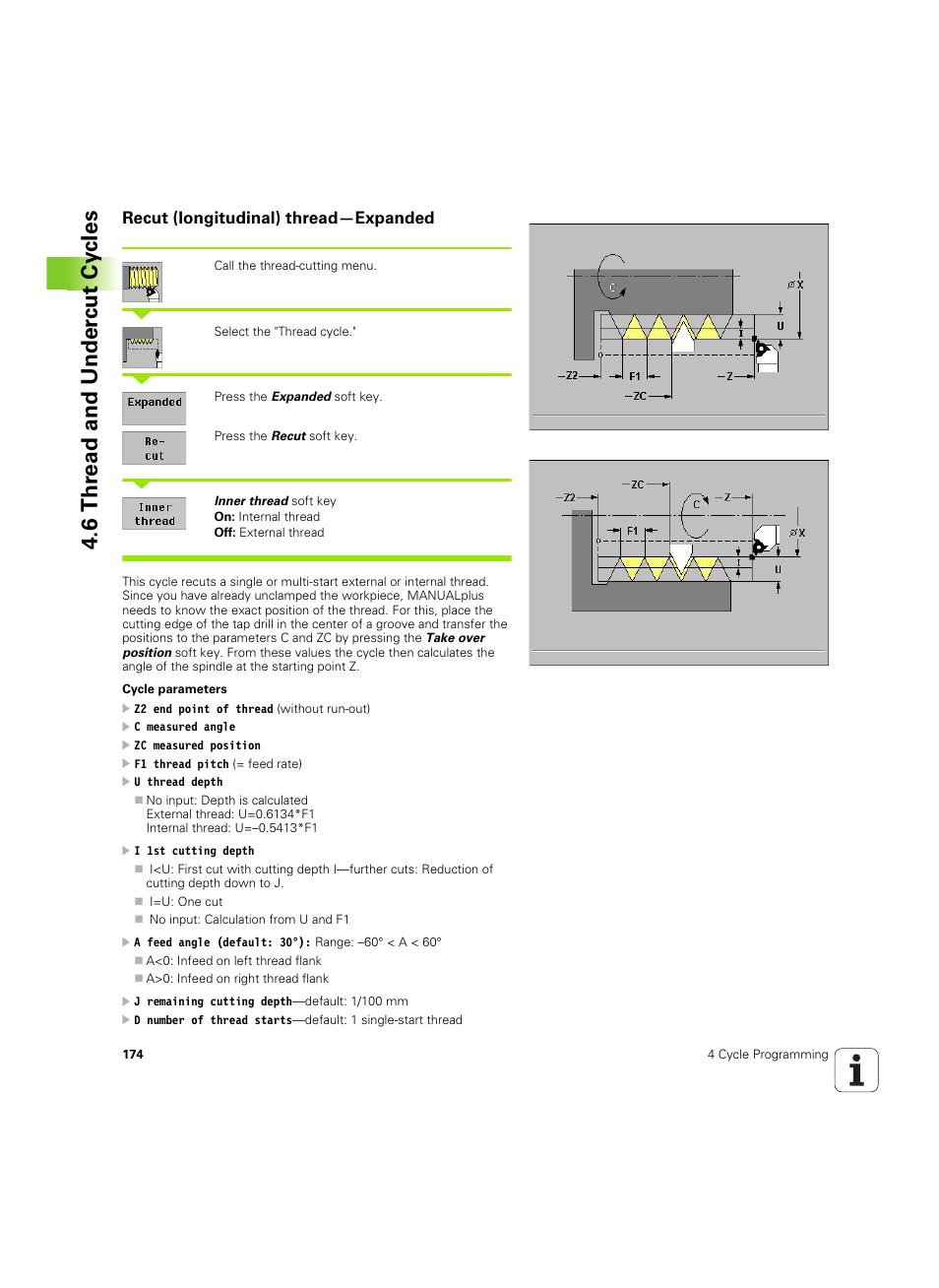 Recut (longitudinal) thread-expanded, Recut (longitudinal) thread—expanded, 6 thr ead and under c ut cy cles | HEIDENHAIN MANUALplus 4110 User Manual | Page 174 / 550
