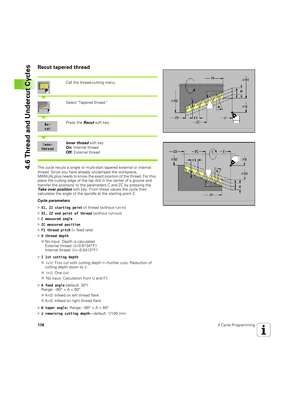 Recut tapered thread, 6 thr ead and under c ut cy cles | HEIDENHAIN MANUALplus 4110 User Manual | Page 176 / 550