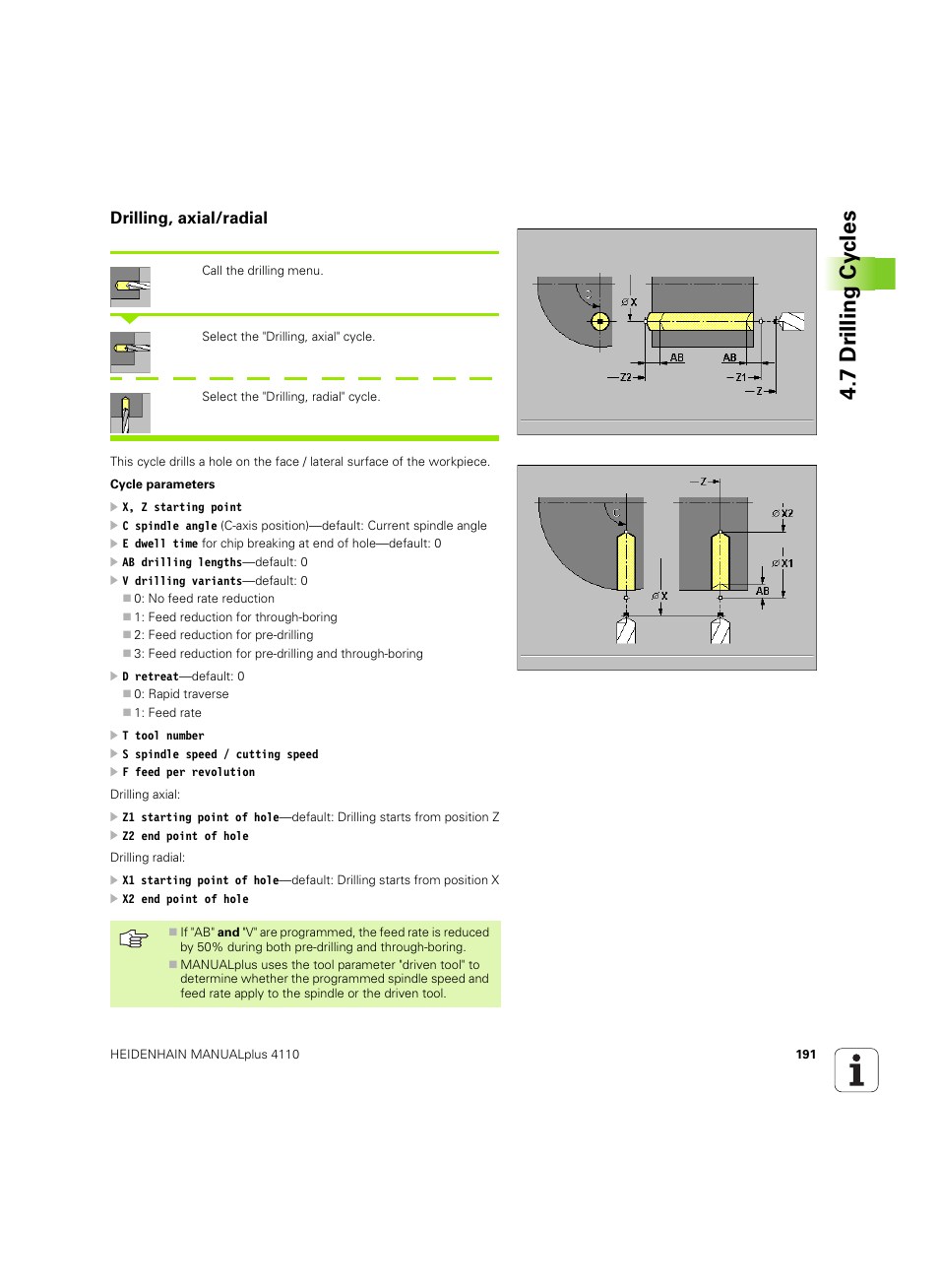 Drilling, axial/radial, 7 dr illing cy cles | HEIDENHAIN MANUALplus 4110 User Manual | Page 191 / 550