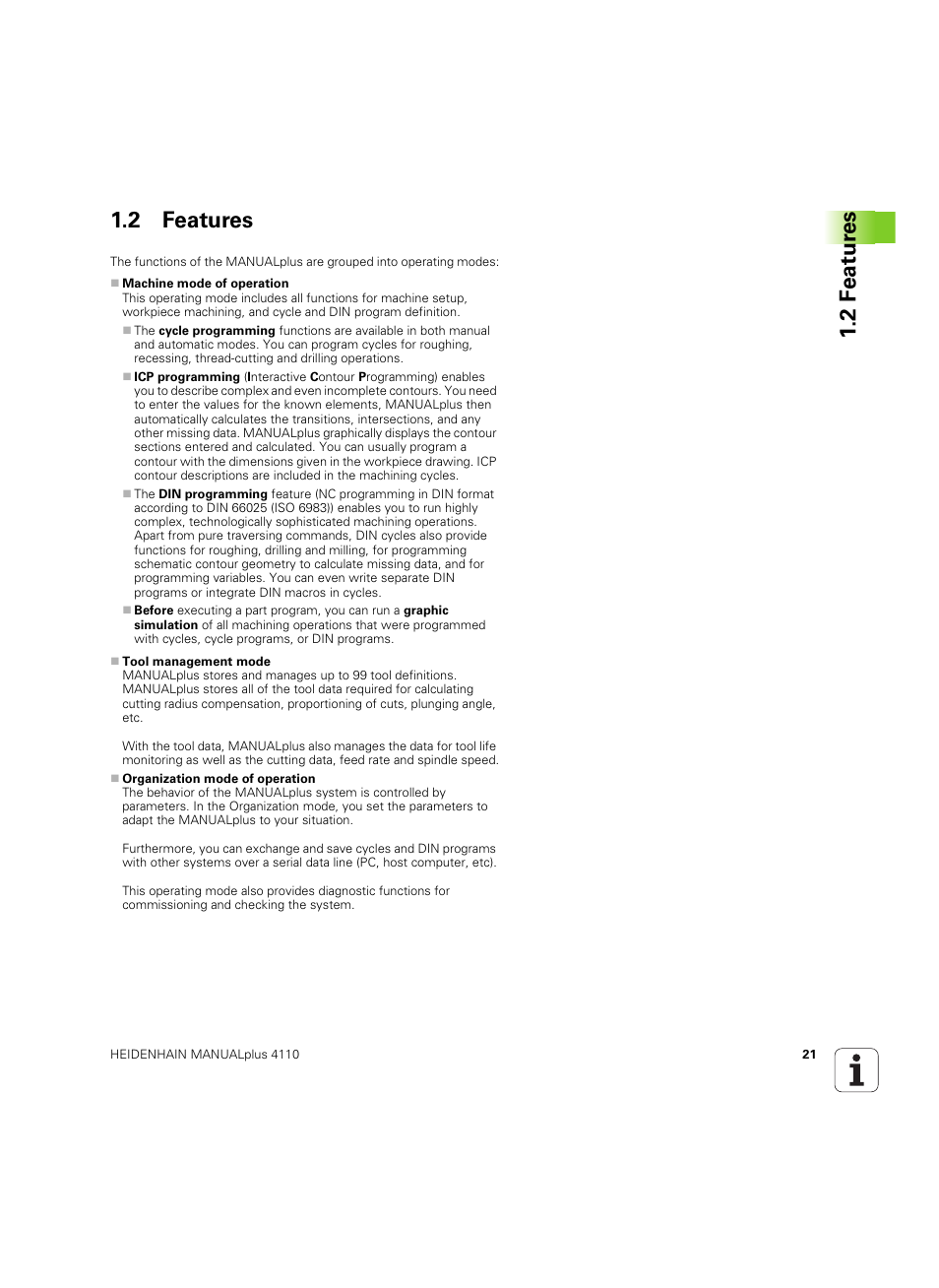 2 features, 2 f eat ur es 1.2 features | HEIDENHAIN MANUALplus 4110 User Manual | Page 21 / 550