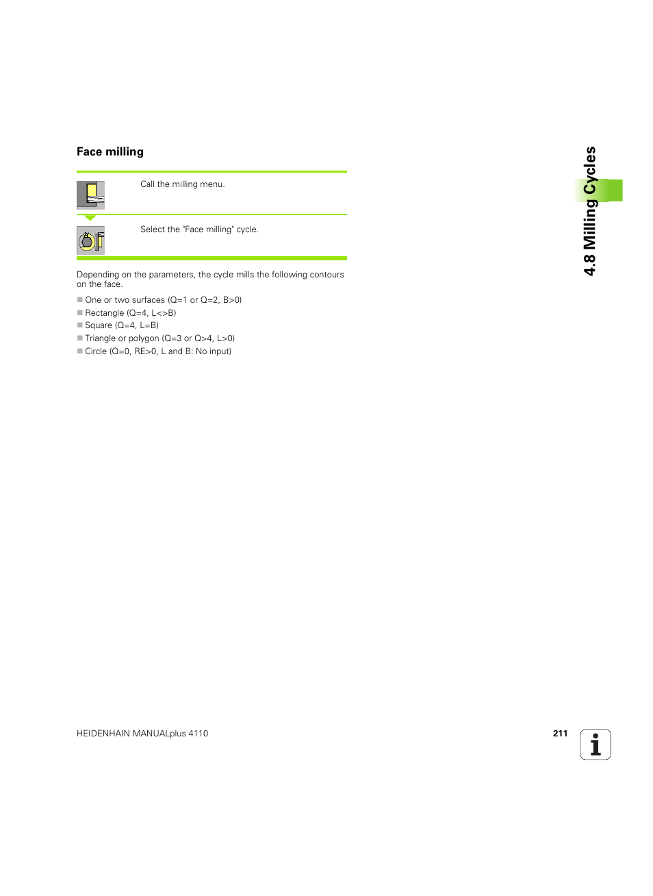 Face milling, 8 milling cy cles | HEIDENHAIN MANUALplus 4110 User Manual | Page 211 / 550