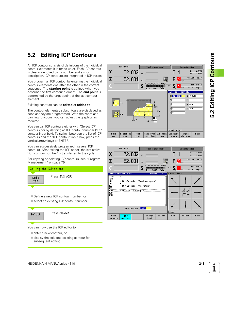 2 editing icp contours, 2 editing icp cont ours 5.2 editing icp contours | HEIDENHAIN MANUALplus 4110 User Manual | Page 243 / 550