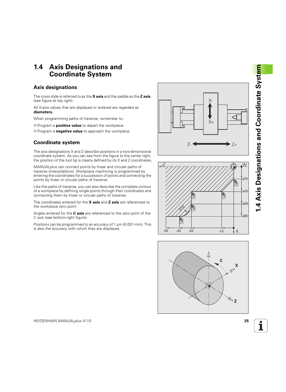 4 axis designations and coordinate system, Axis designations, Coordinate system | HEIDENHAIN MANUALplus 4110 User Manual | Page 25 / 550