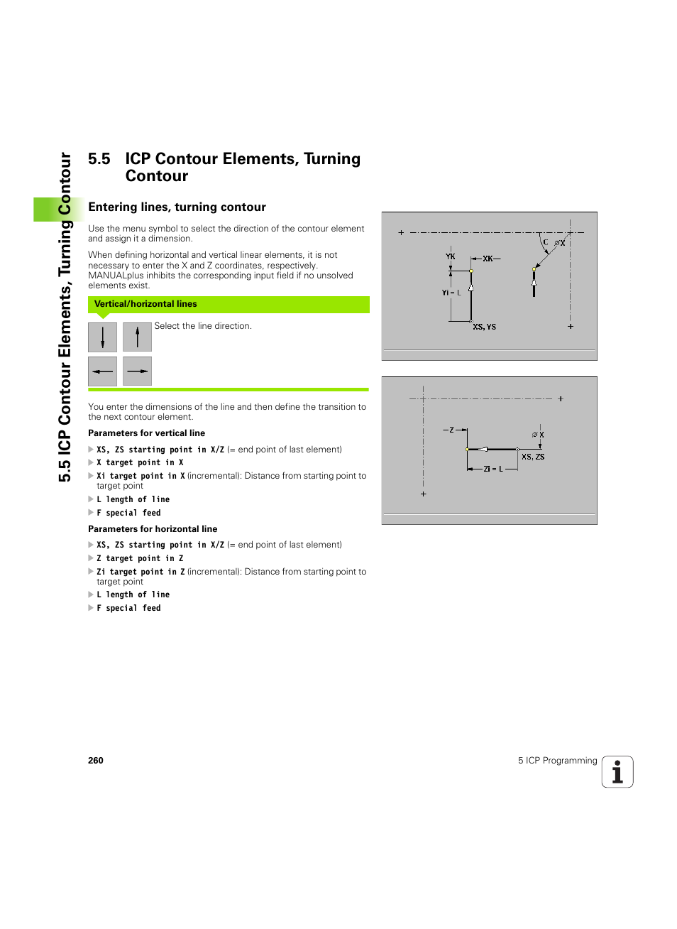 5 icp contour elements, turning contour, Entering lines, turning contour | HEIDENHAIN MANUALplus 4110 User Manual | Page 260 / 550