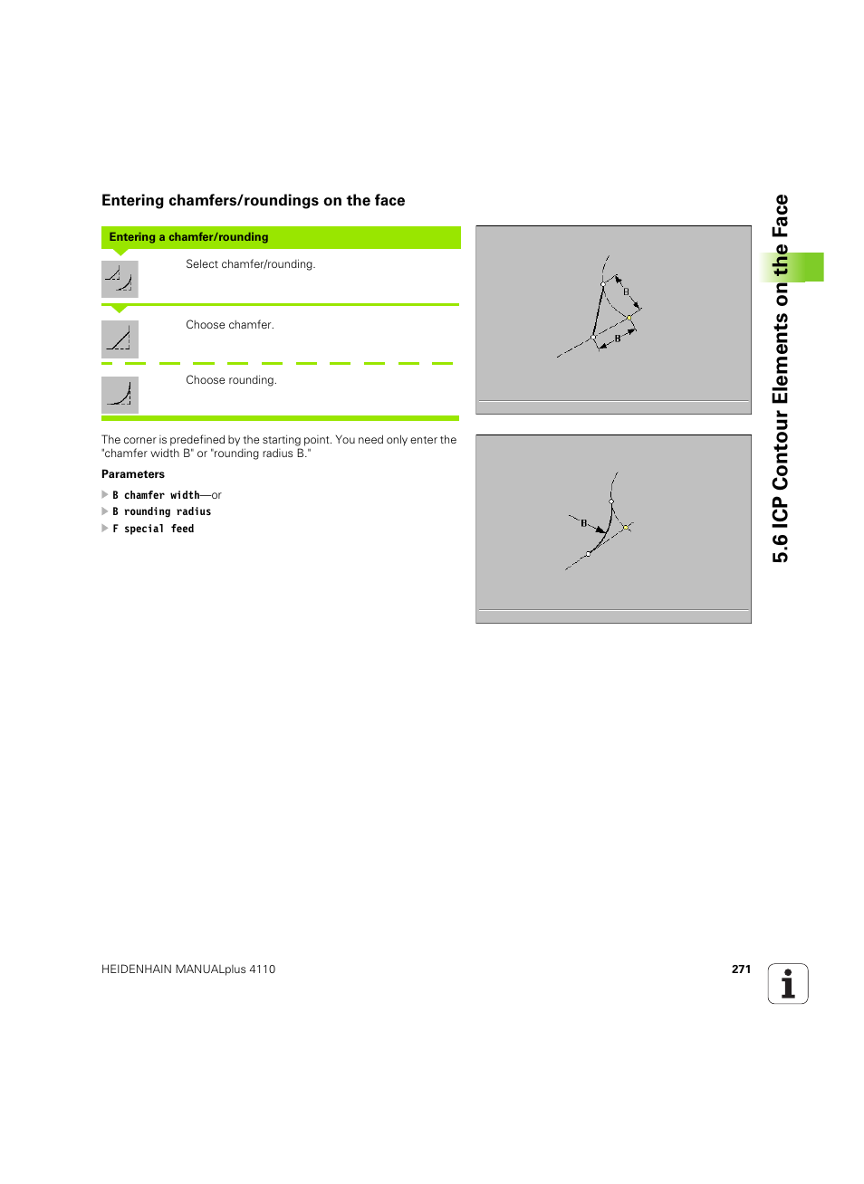 Entering chamfers/roundings on the face, 6 icp cont our elements on the f a ce | HEIDENHAIN MANUALplus 4110 User Manual | Page 271 / 550
