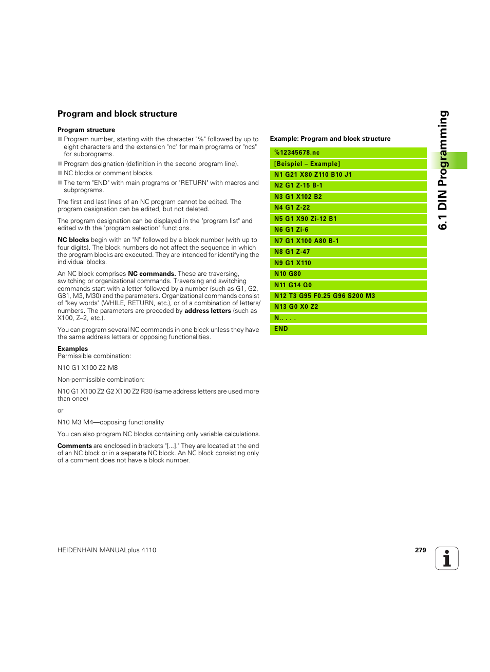 Program and block structure, 1 din pr ogr a mming | HEIDENHAIN MANUALplus 4110 User Manual | Page 279 / 550