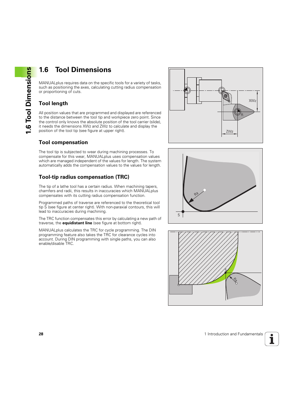 6 tool dimensions, Tool length, Tool compensation | Tool-tip radius compensation (trc), 6 t ool dimensions 1.6 tool dimensions | HEIDENHAIN MANUALplus 4110 User Manual | Page 28 / 550