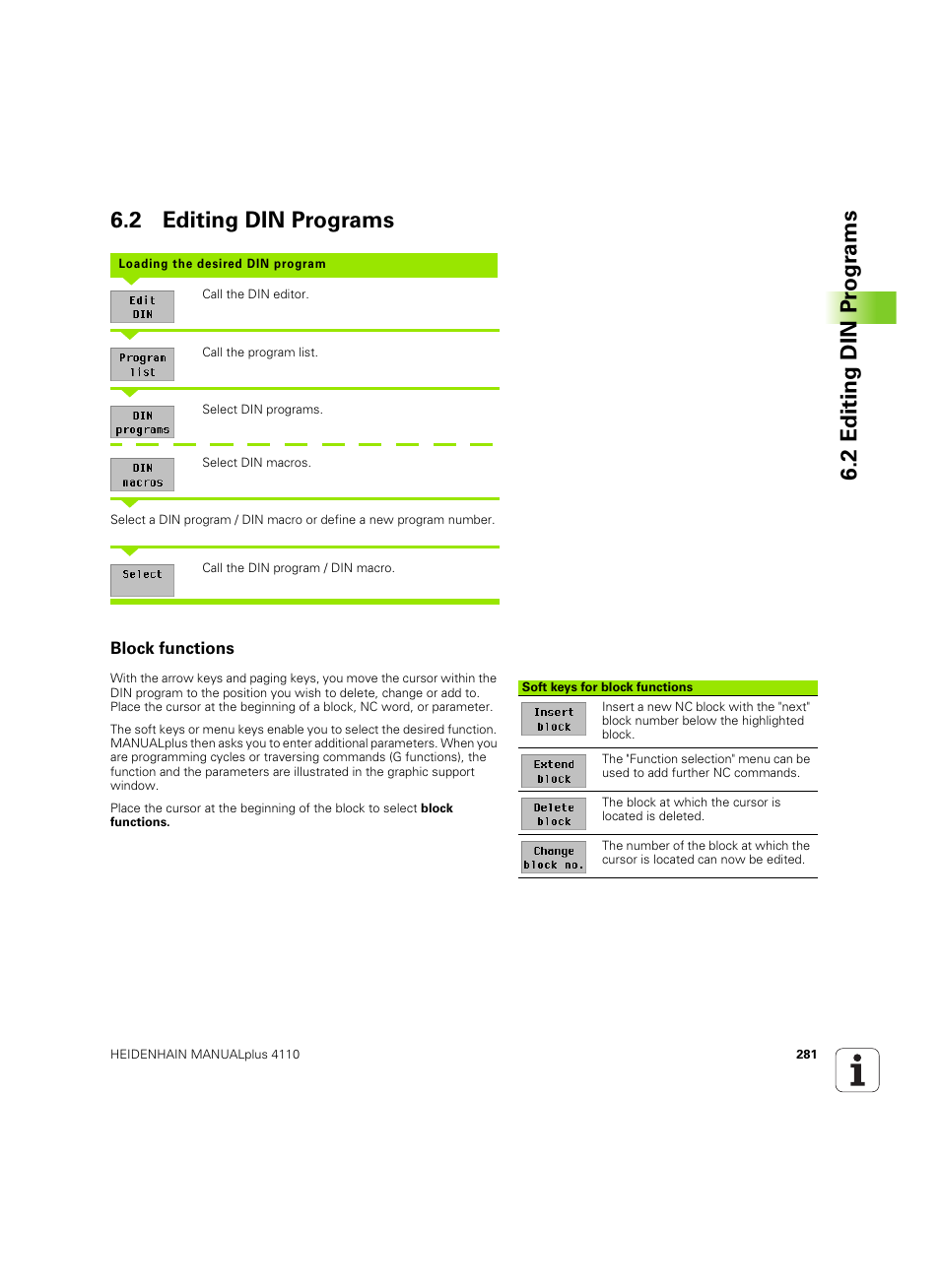 2 editing din programs, Block functions, 2 editing din pr ogr a ms 6.2 editing din programs | HEIDENHAIN MANUALplus 4110 User Manual | Page 281 / 550