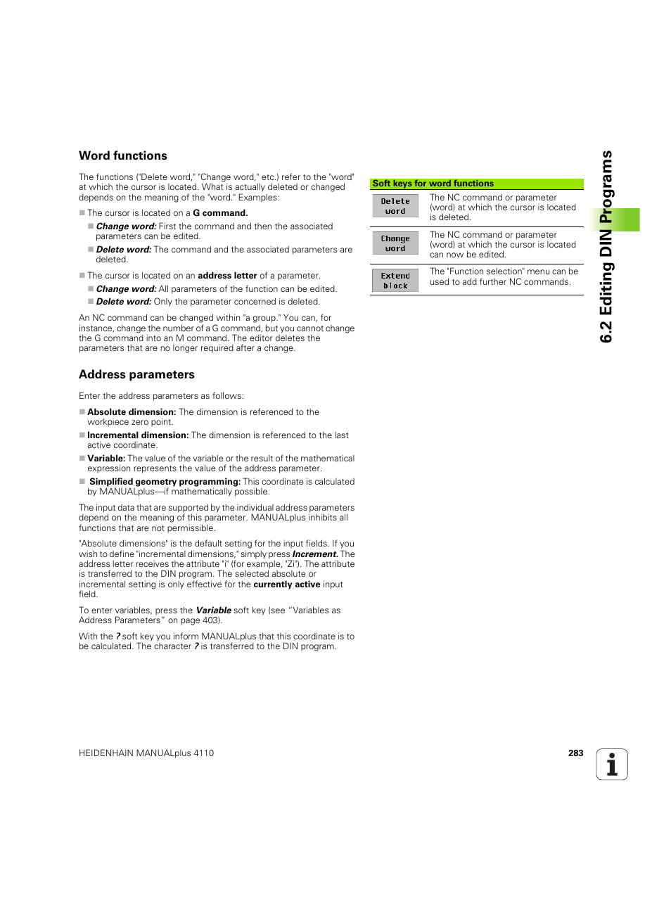 Word functions, Address parameters, 2 editing din pr ogr a ms | HEIDENHAIN MANUALplus 4110 User Manual | Page 283 / 550