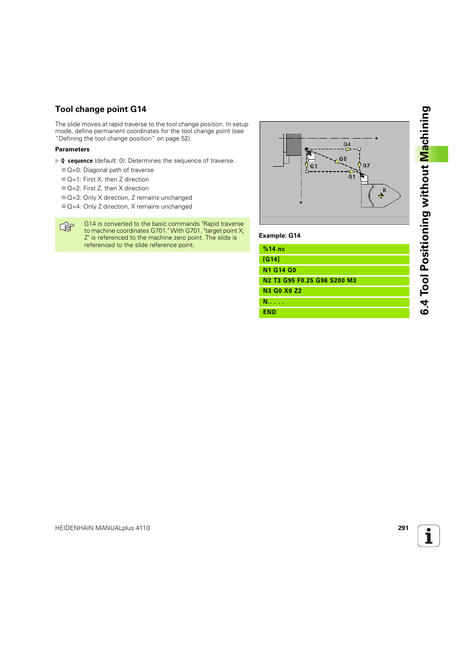 Tool change point g14, 4 t o ol p o sitioning without mac h ining | HEIDENHAIN MANUALplus 4110 User Manual | Page 291 / 550