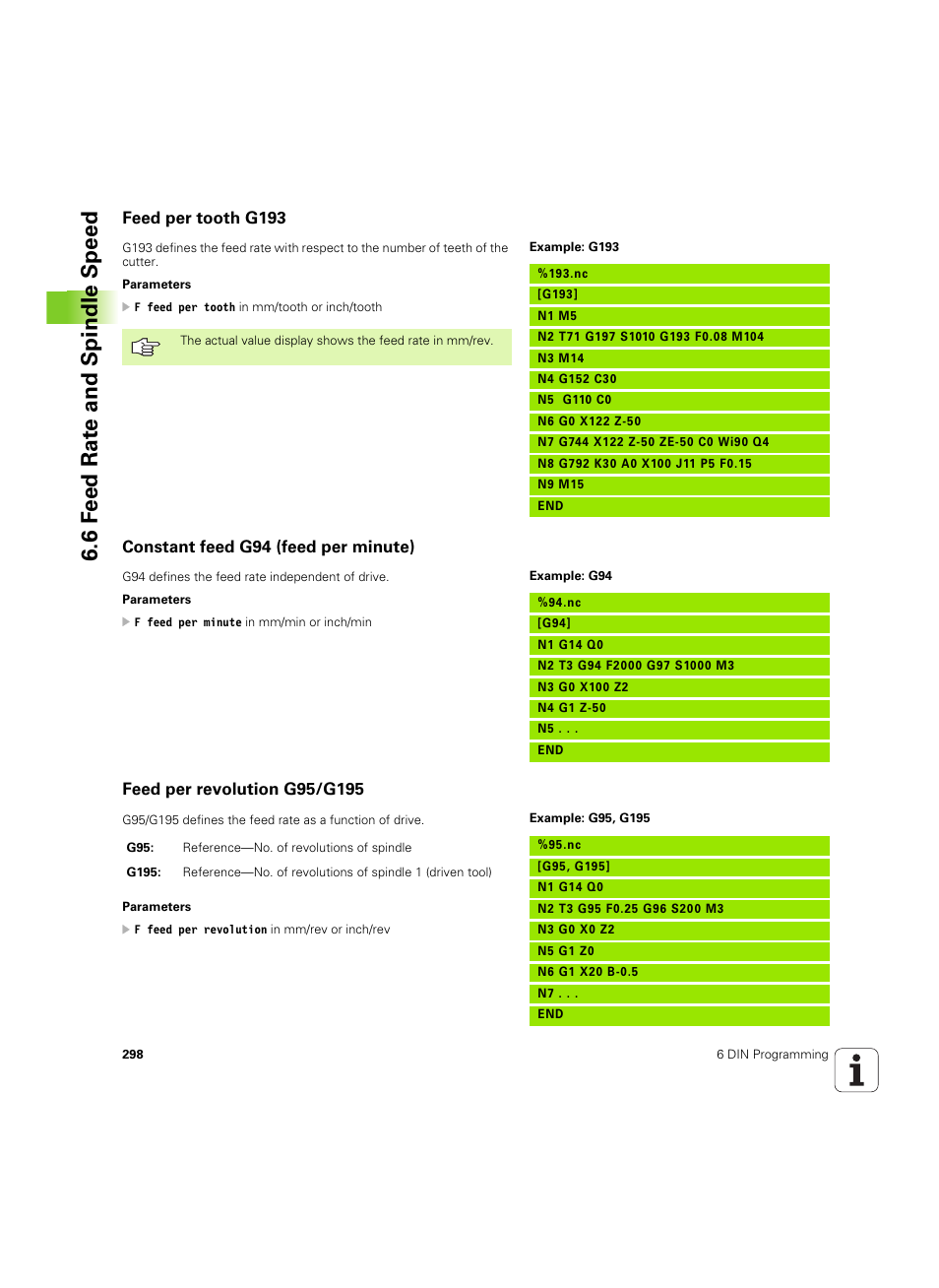 Feed per tooth g193, Constant feed g94 (feed per minute), Feed per revolution g95/g195 | 6 f e ed rat e and spindle speed | HEIDENHAIN MANUALplus 4110 User Manual | Page 298 / 550
